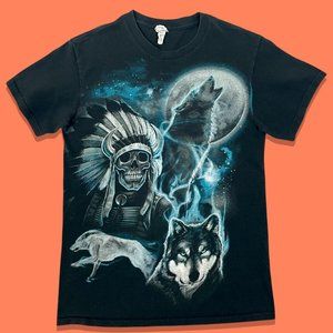 Vintage Skeleton Indian Chief/Wolves Graphic Tee